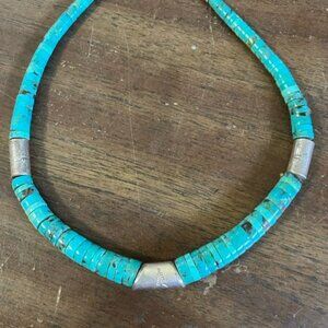 Handsome Sterling Silver Heishi Silver Bead Navajo Turquoise Necklace